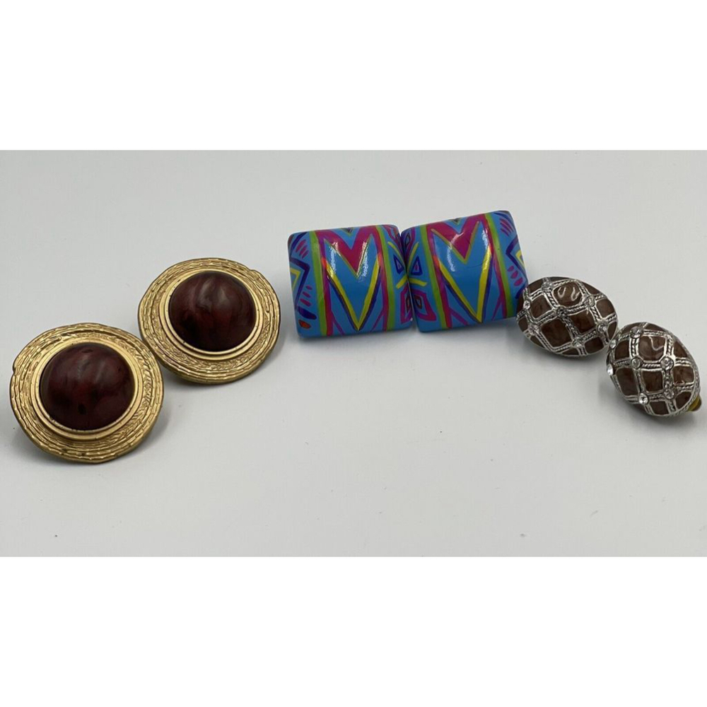 Set Of 3 Vintage 1980s Clip On Earrings Square Painted Round Gold Oval